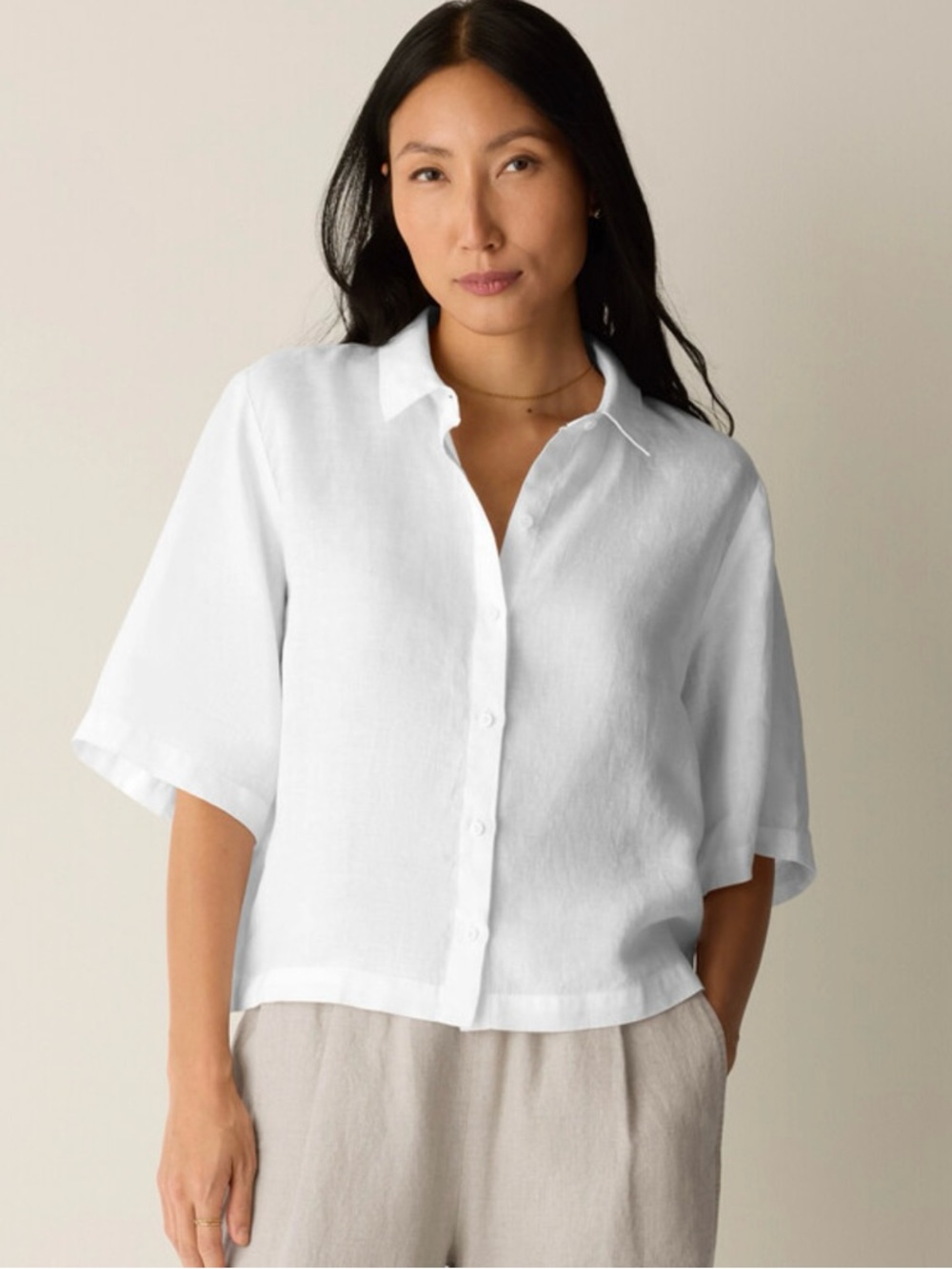 Eileen Fisher Classic Collar Elbow Sleeve Organic Linen Button-Up Shirt Size S - Picture 2 of 10